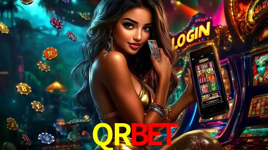 Mulher em um cenário de cassino temático de aventura, mostrando o app de caça-níqueis da QRBET no celular. Fichas de apostas flutuam ao redor.