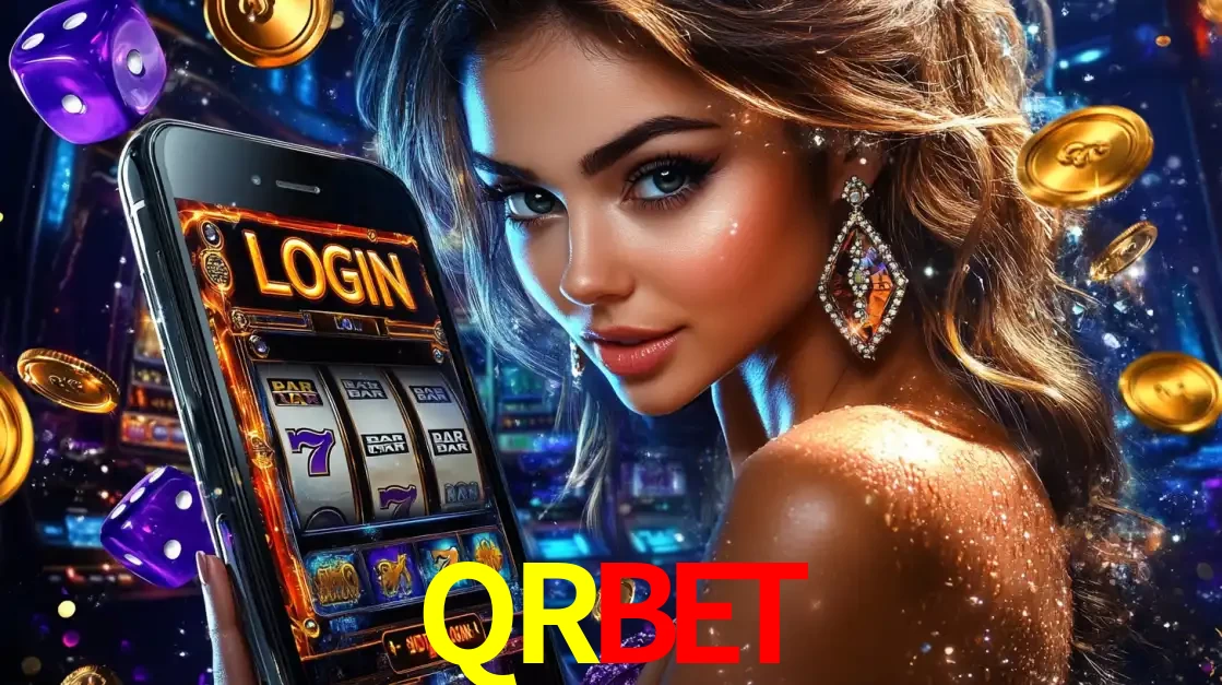 Mulher glamorosa segurando um smartphone com a tela de login para os jogos de caça-níqueis do cassino online QRBET, com moedas de ouro e dados ao redor.