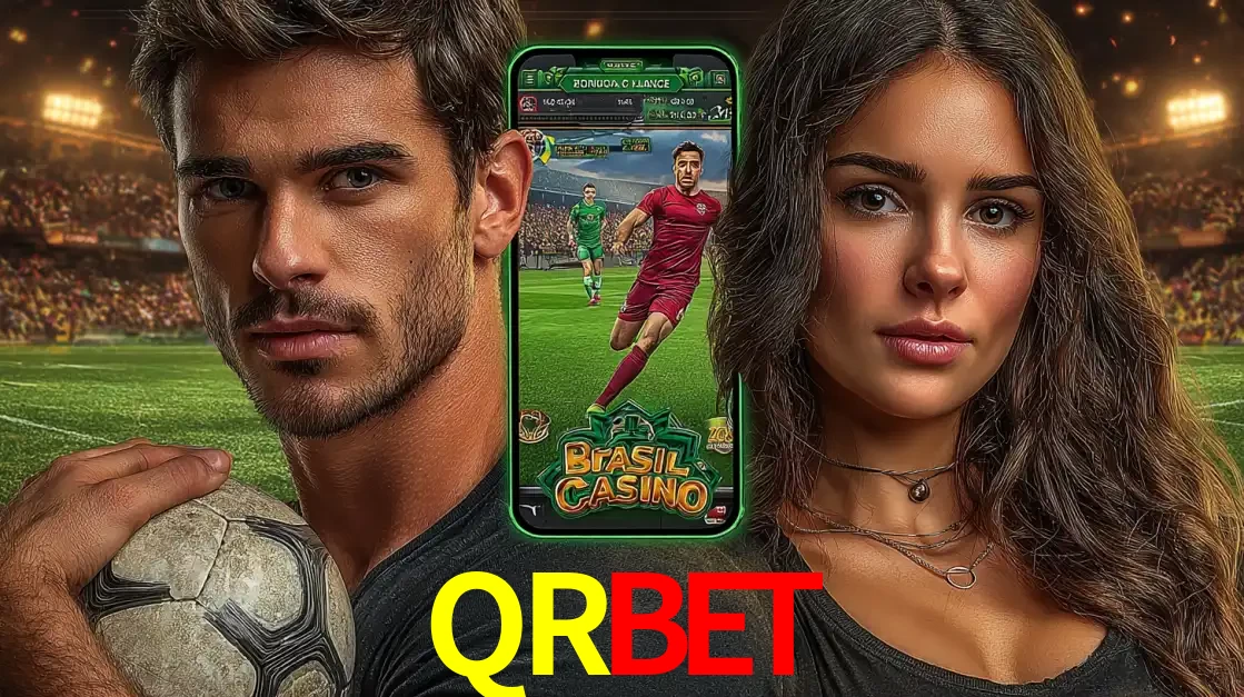 Homem segurando uma bola de futebol e uma mulher ao lado de um smartphone exibindo o jogo de apostas esportivas da QRBET. Faça seu palpite no cassino online.